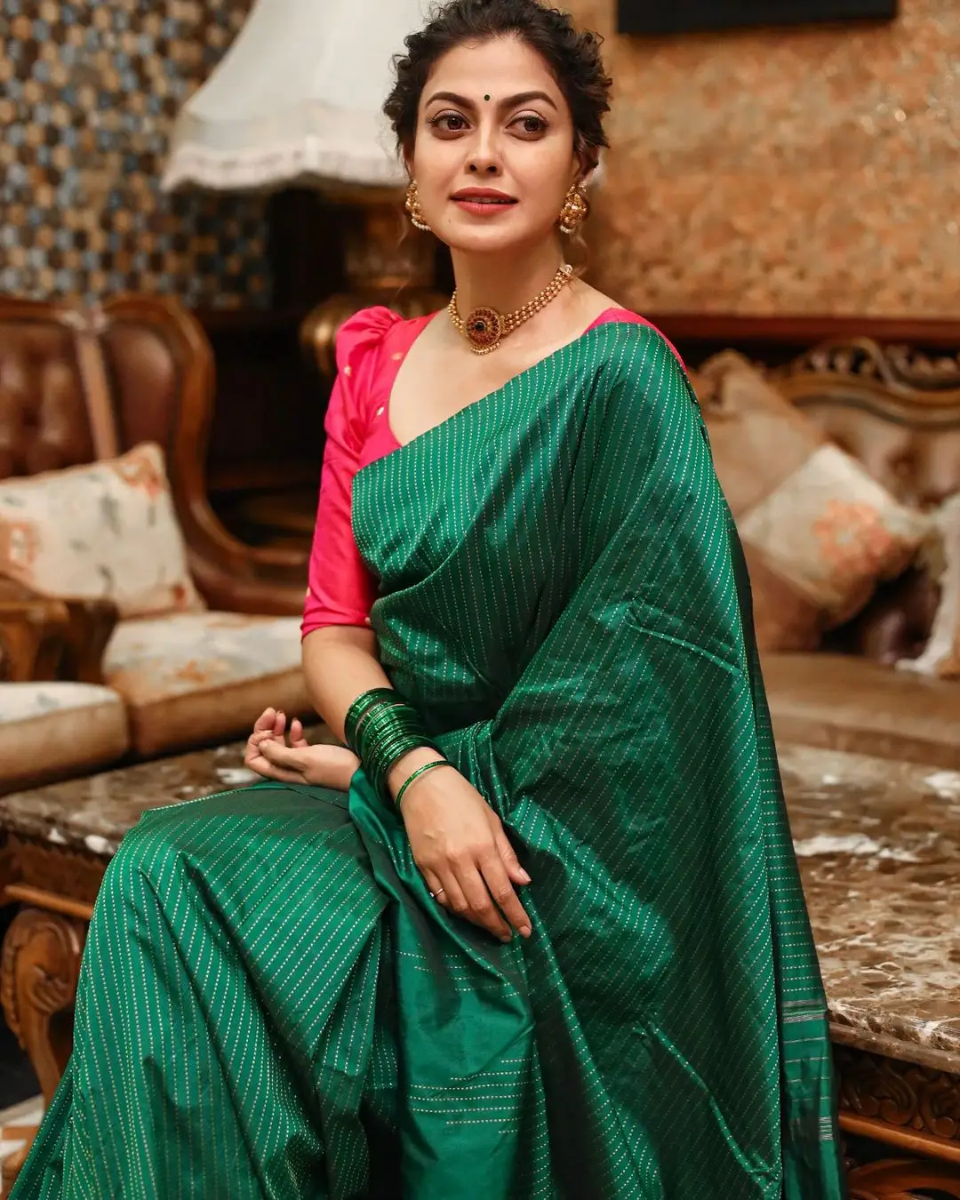 Indian Actress Anusree Nair in Green Color Saree Red Blouse